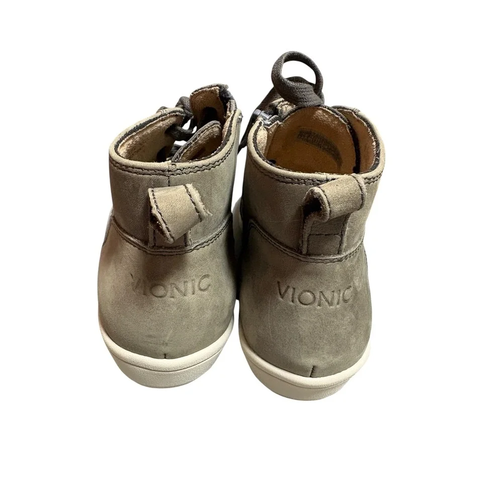 Vionic Shawna Olive Water Resistant Leather Side Zip Lace up Ankle Booties - 7W